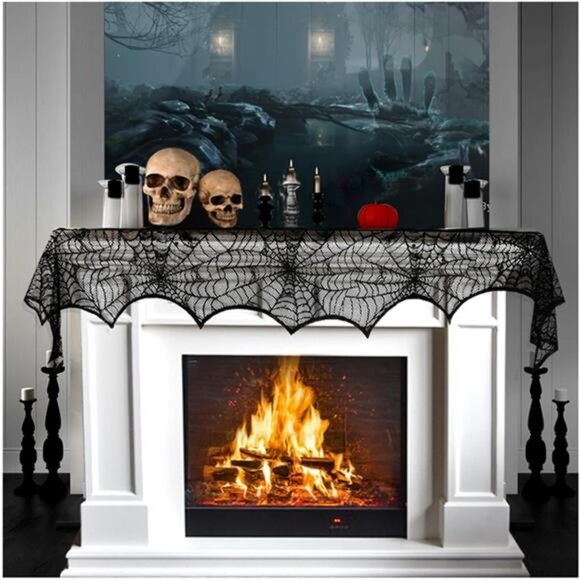 Halloween Cobweb Fireplace Scarf, Black Lace Spiderweb Mantle Scarf - Picture 1 of 8